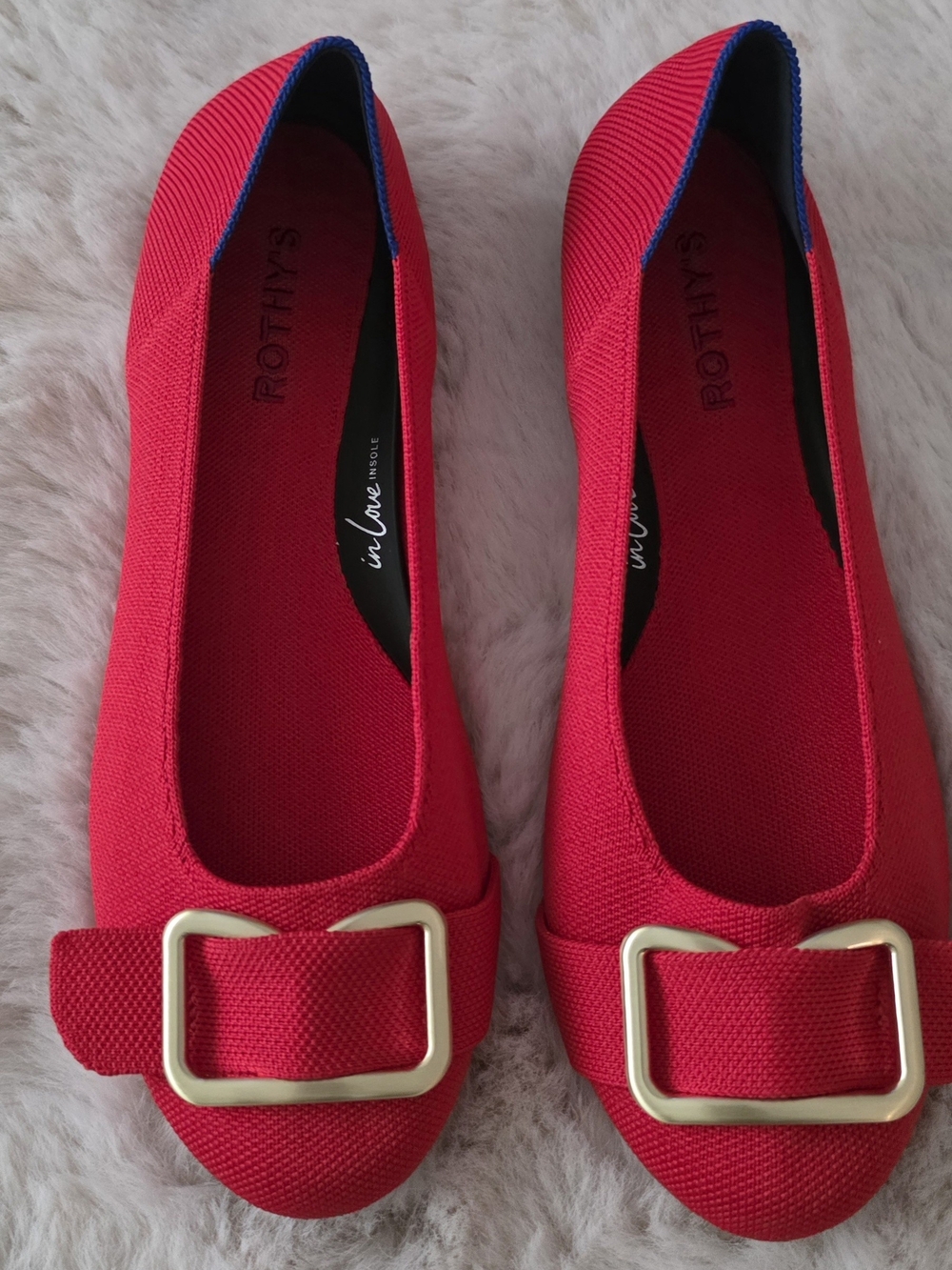 Rothys Red Canvas Ballet Flats with Gold Buckle